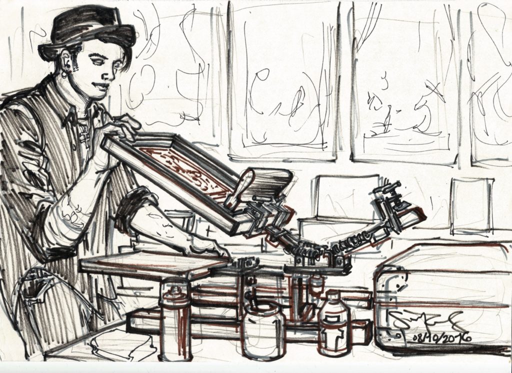 Rob Hanna screenprinting at ESDIP Berlin Oct 8 2016 by Suzanne Forbes