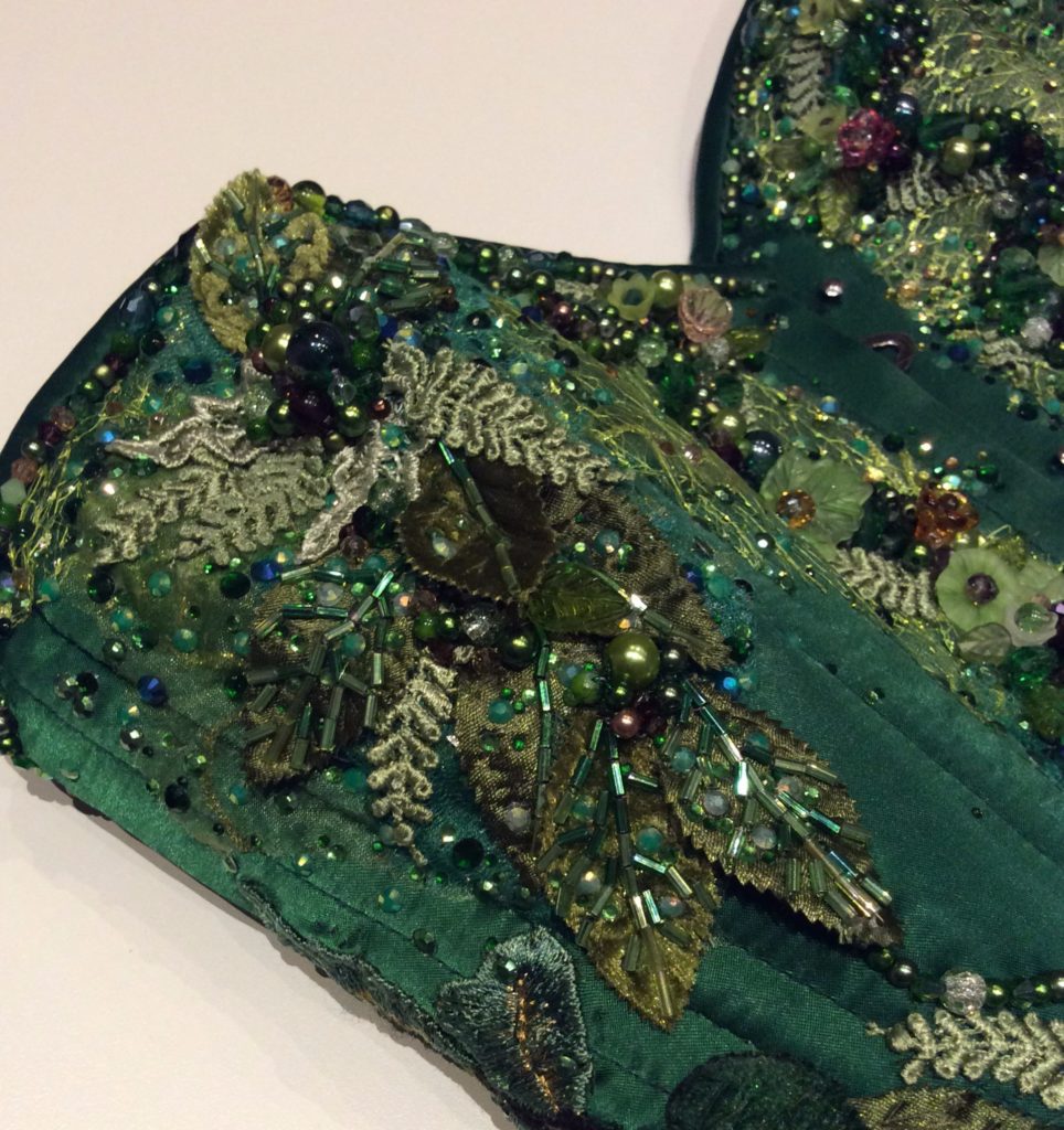 Bead embroidered green woman corset by Suzanne Forbes June 2017