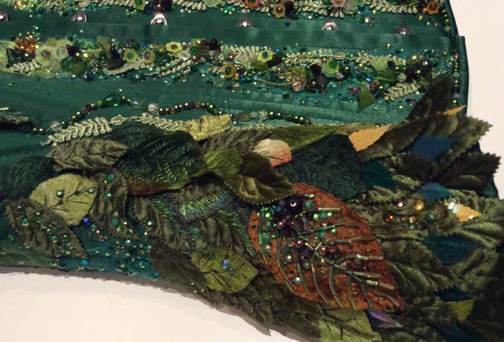 Bead embroidered green woman corset by Suzanne Forbes June 2017