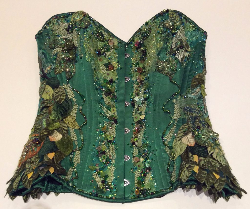 Bead embroidered green woman corset by Suzanne Forbes June 2017