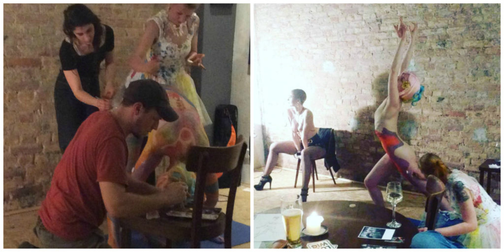 Miss Natasha Enquist posing and Alfred Ladylike as human canvas for Natasha Artworx Aug 19 2017