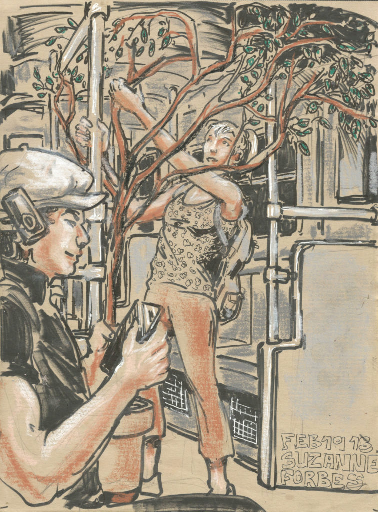 Woman with tree in U Bahn by Suzanne Forbes February 20 2018