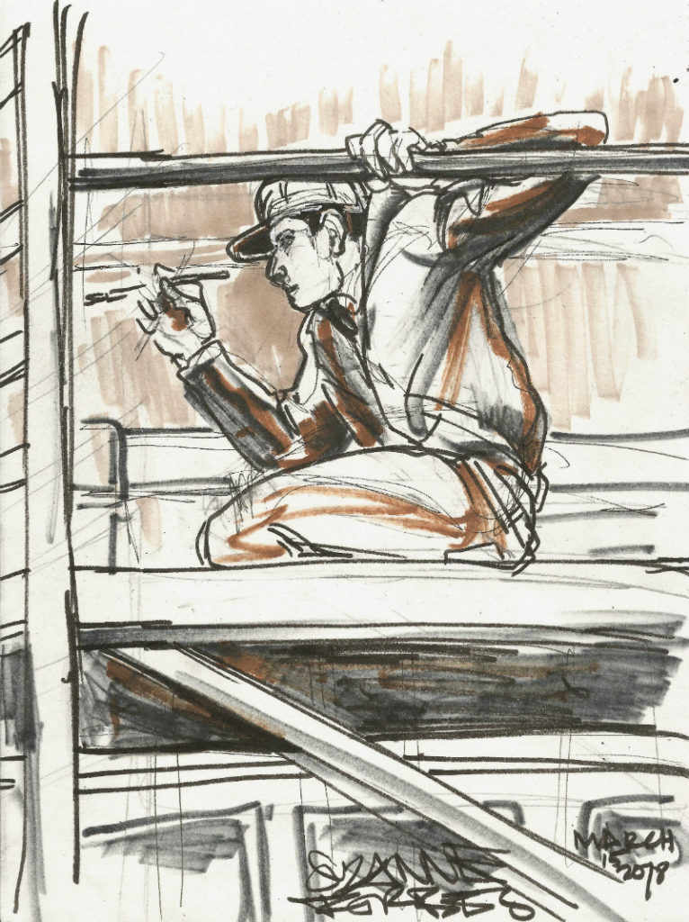 Artist on scaffold at Wandelism by Suzanne Forbes March 16 2018