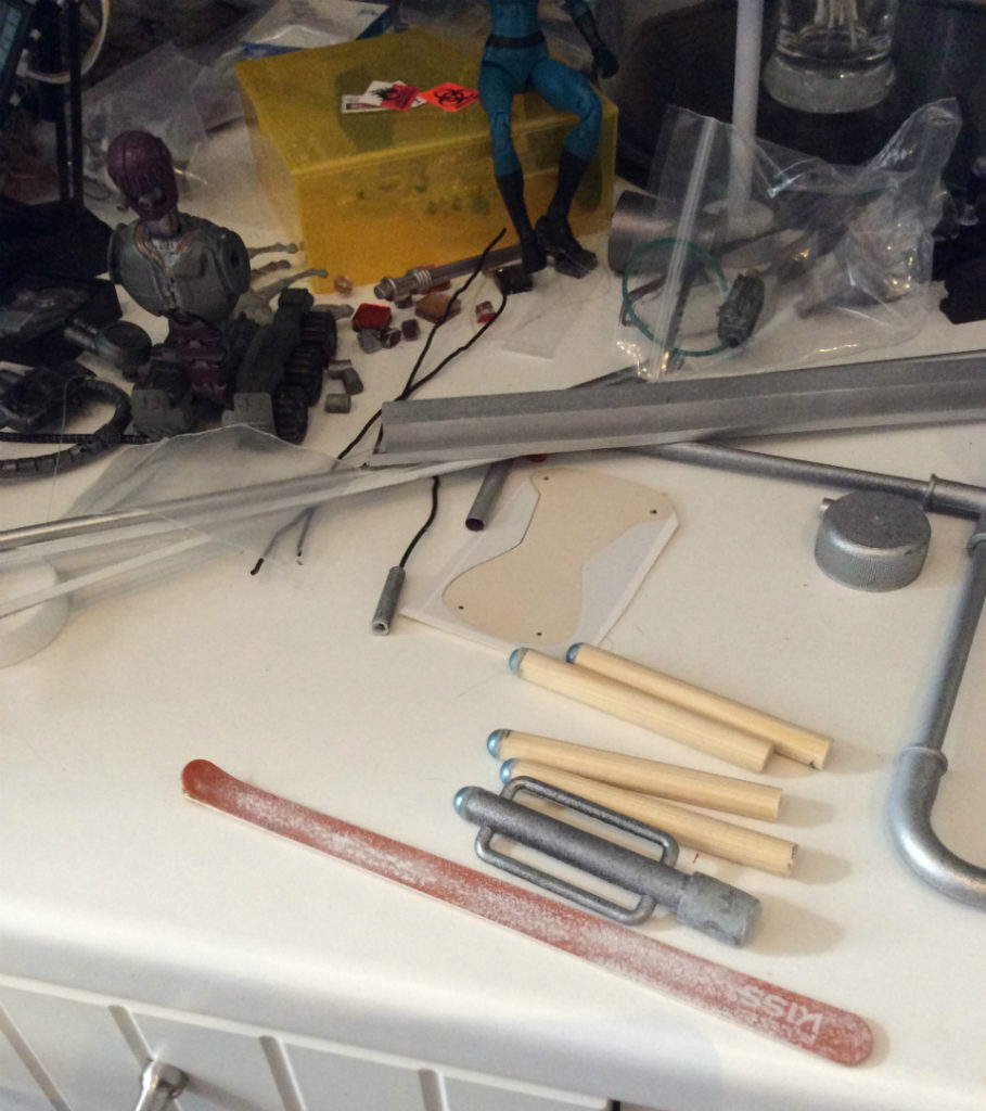 Action figure dollhouse laboratory making stanchions WIP by Suzanne Forbes April 2018